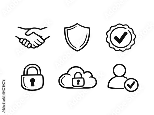 Security, Trust, and Privacy Icons Set. Handshake, Shield, Padlock, Cloud Security, User Authentication, and Verified Badges.