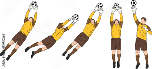 Soccer, goalkeeper, action, saves, diving, catching, ball, football, sport, athlete, game, training, performance, motion, competition, uniform, gloves, illustration, design, set