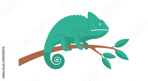 A chameleon perched on a branch with leaves viewed from the side in a natural setting