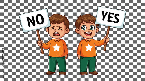 Two cartoon boys holding no and yes signs decision making concept isolated on checkered background