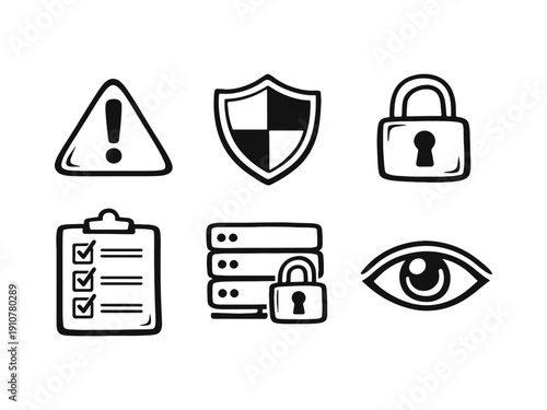 Data Security, Warning, and Surveillance Icons. Alert, Shield, Padlock, Checklist, Server Protection, and Eye Monitoring.