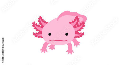 A smiling axolotl with feathery gills and pink hue floats in water, a serene illustration of an amphibian creature