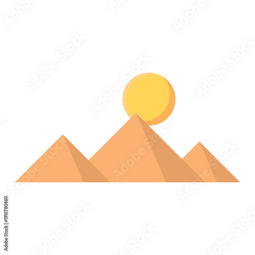 An ancient Egyptian landscape illustration of the Giza pyramids in the desert featuring a camel and a sunset sky over the Cairo sand