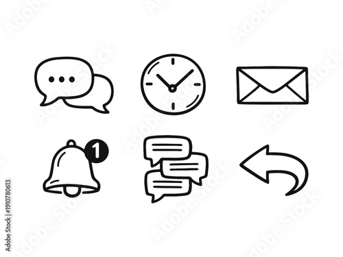 Communication, Messaging, and Notification Icons Set. Speech Bubbles, Clock, Email, Alert Bell, and Reply Arrow.