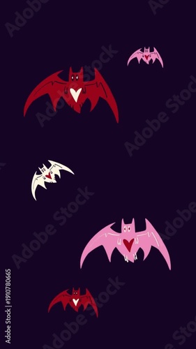 A group of bats with hearts on their chests