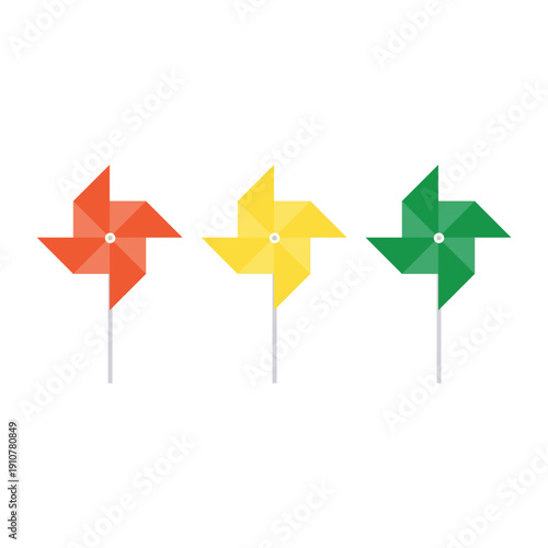 A vibrant origami paper pinwheel toy vector illustration featuring a colorful plastic design that rotates in the summer wind to capture the air and energy of a child's toy mill