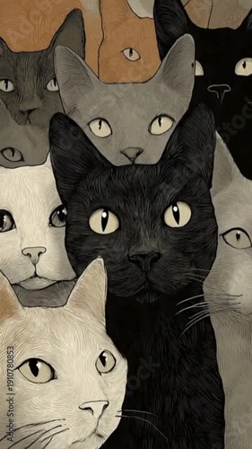 A group of cats with different colors and expressions
