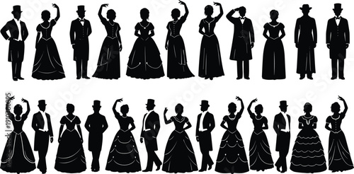 Victorian, era, people, silhouettes, vintage, fashion, dresses, gentlemen, ladies, historical, costume, ballroom, elegance, classic, society, isolated, black, collection, illustration, design