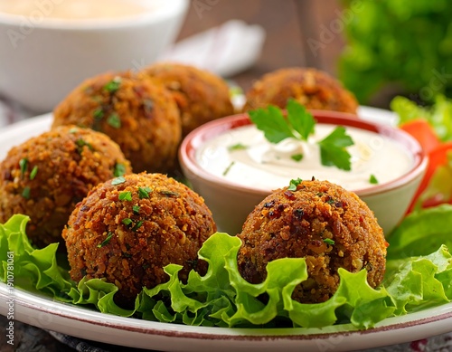 Delicious falafel balls with creamy sauce and fresh lettuce.