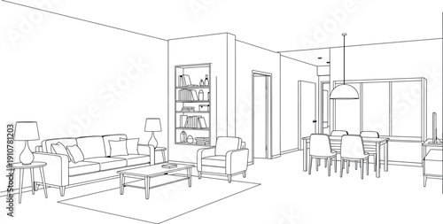 A black and white sketch of a living room and dining area isolated on transparent background