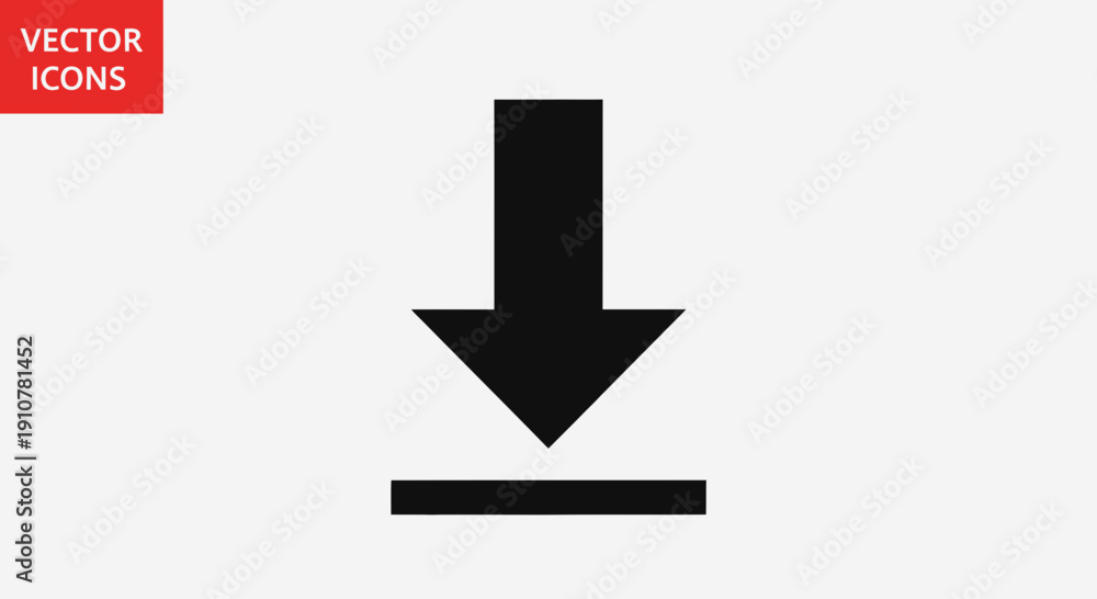 Fototapeta premium Minimalist black vector download icon with a downward arrow and a line, symbolizing data transfer, file acquisition, and content retrieval for digital interfaces