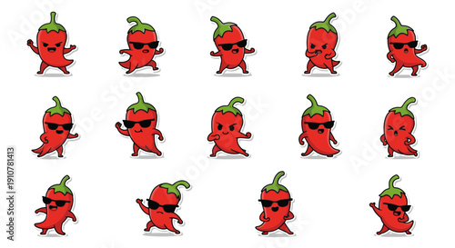 Cute red chili pepper characters expressing various emotions and actions  