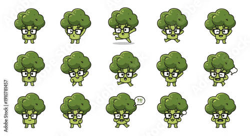 Cartoon broccoli character expressing different emotions and poses  
