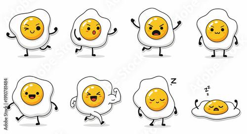 Cartoon egg characters expressing various emotions and actions  