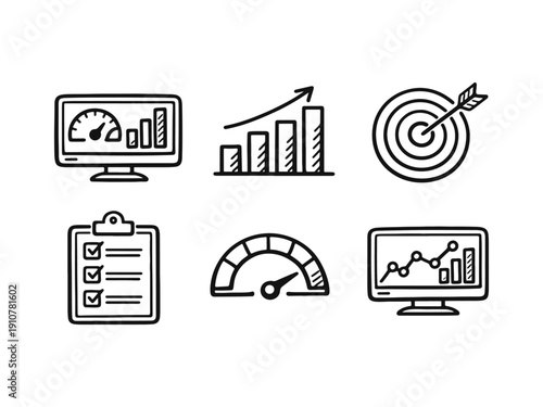 Business performance, data analysis, and metrics doodle icons for reporting and analytics.