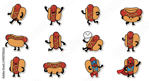 Playful cartoon hot dogs displaying various emotions and actions  