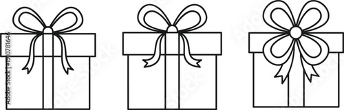 Gift box icon set with ribbon bows, minimalist line art vector for Christmas, birthday, wedding celebration, and holiday present illustration.