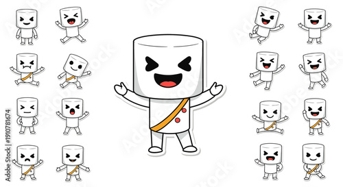 Cartoon marshmallow character in various expressions and poses  