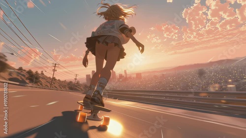 Girl skateboarding down coastal road at sunset