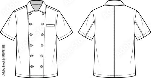 Chef jacket uniform vector illustration showing front and back views, professional culinary workwear coat for restaurant kitchen staff apparel design.