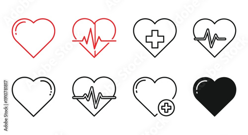 Collection of stylized heart icons representing cardiology health monitoring and medical care concepts