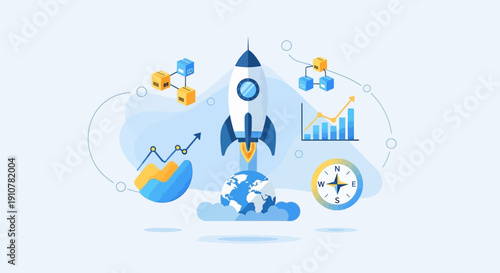 Successful Startup Launch Rocket Launching into Global Success with Growing Analytics