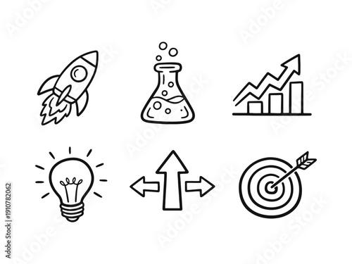 Hand drawn doodle startup and innovation icons set. Business development, idea generation, and growth symbols.