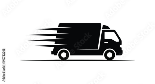Simple black silhouette icon representing a fast-moving delivery truck in motion vector graphic