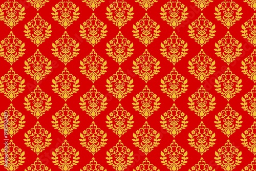Exquisite golden damask pattern on a vibrant red background, a timeless design of luxury and elegance