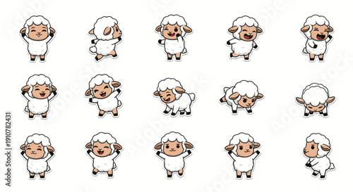 Cute cartoon sheep in various poses and expressions on white background  