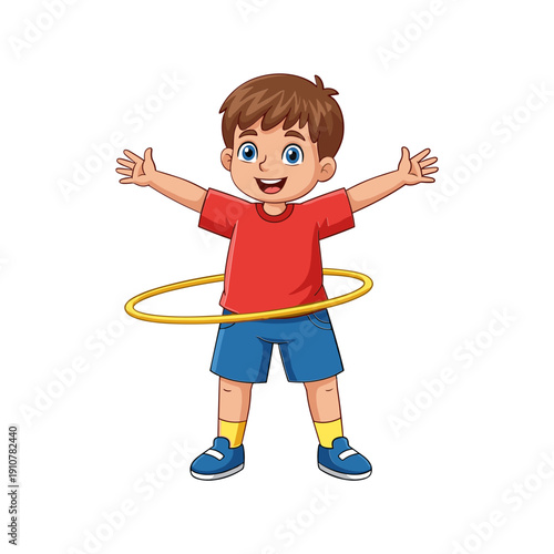 Happy cartoon boy playing with yellow hula hoop on white background