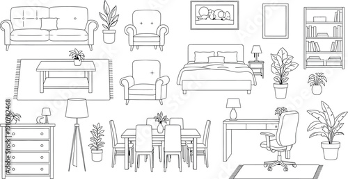 A collection of furniture and home decor items isolated on transparent background