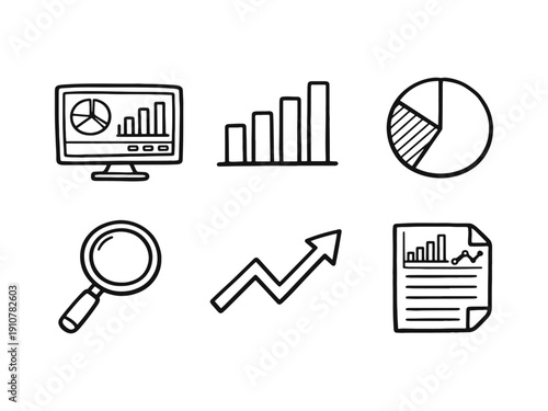 Hand drawn doodle business analytics and reporting icons. Data visualization, market research, and growth symbols.