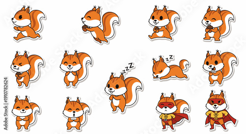 Cartoon squirrel character in various poses and expressions  