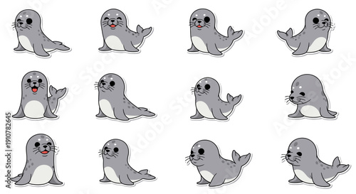 Cute cartoon seals expressing different emotions in various poses  