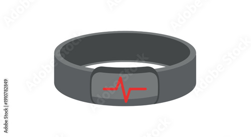 A black fitness tracker with a red heartbeat symbol on its front is centered on a white background viewed from the front