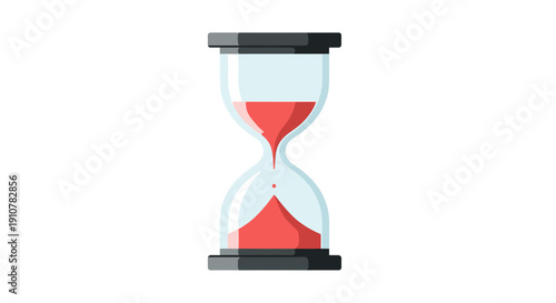 An hourglass with red sand flowing from top to bottom, symbolizing time passing, isolated on a simple background, viewed from the side.
