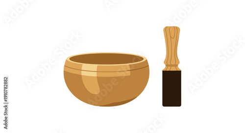 Tibetan singing bowl and mallet illustration on a serene background viewed from the front