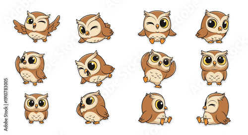 Cute cartoon owls displaying various expressions and poses  