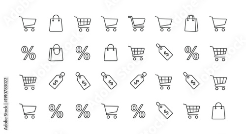 Collection of minimalist black outline icons representing shopping carts, bags, percentage signs and price tags