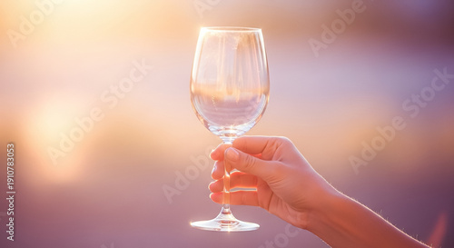 Hand holding a clear, empty wine glass aloft against a warm, glowing outdoor backdrop during golden hour.