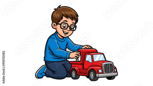 Young boy playing with red toy truck on white background, happy childhood moment