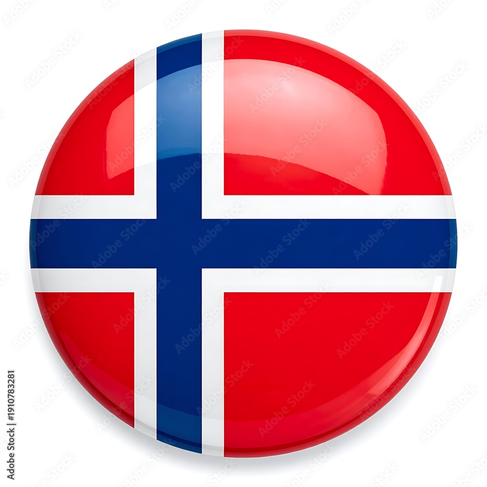 Fototapeta premium Glossy button with a red field and a white-bordered blue Nordic cross, casting a shadow on a white background