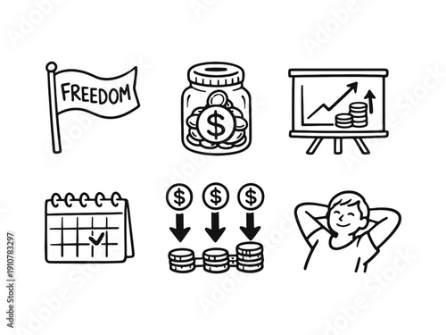Financial Freedom and Savings Doodle Icons Set with Flag, Money Jar, Calendar, and Relaxation