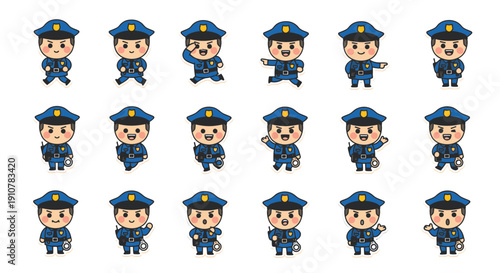 Police officer character designs in various poses and expressions  