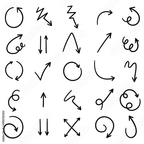 Hand-drawn doodle set of arrows on a white background.