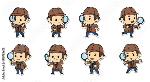 Cartoon detective character with magnifying glass in various poses  
