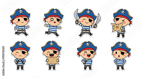 Cute cartoon pirate characters expressing various emotions and actions  