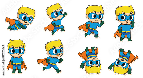 Cartoon superhero boy in various action poses with cape  