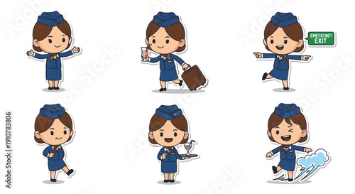 Cute flight attendant characters showing different actions and expressions  